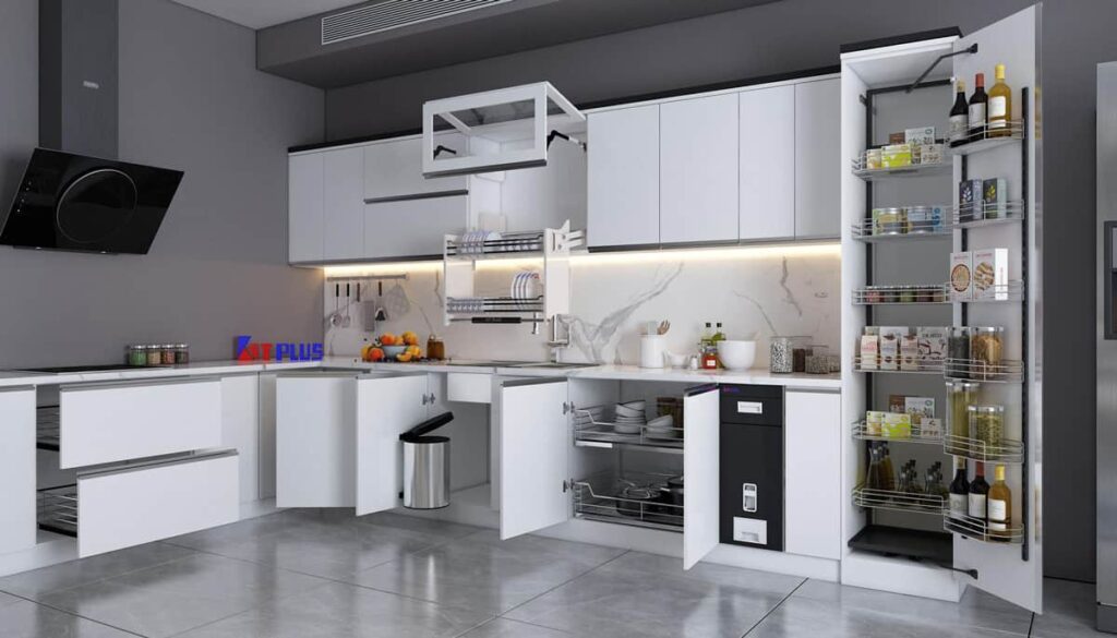 Minh họa độ sâu module tủ bếp dưới 61cm và tủ bếp trên 34cm