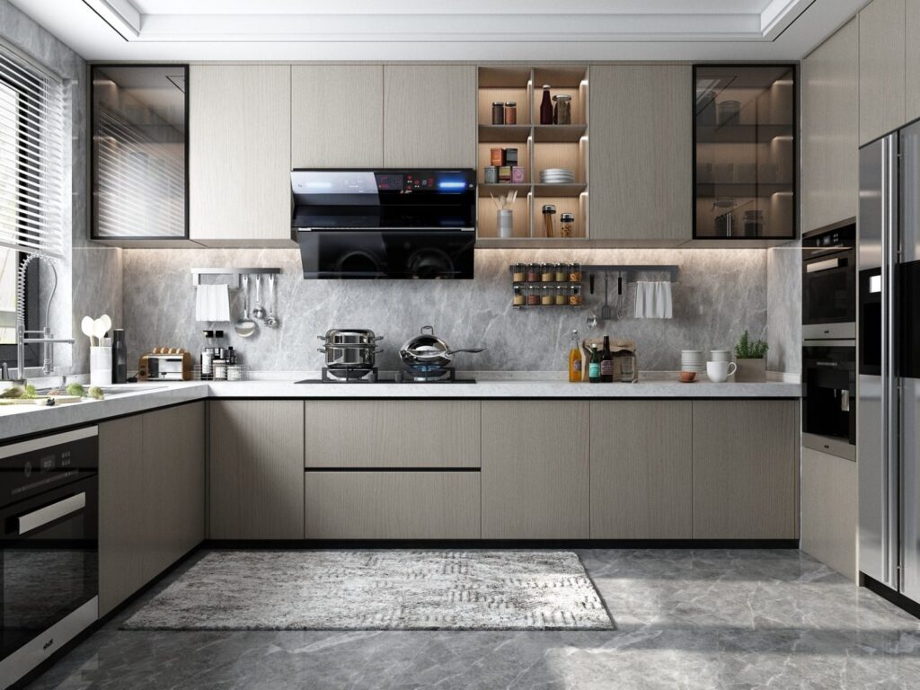 Tủ bếp Melamine MFC màu xám nhẹ – thi công nhanh, phù hợp căn hộ trung cấp