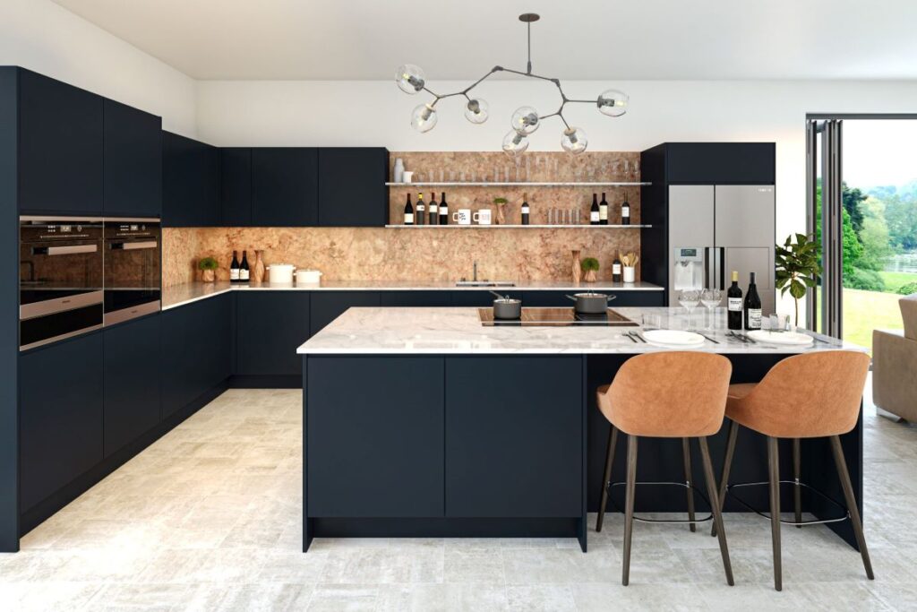 Cánh laminate trơn màu navy phối đá trắng – tạo điểm nhấn nổi bật