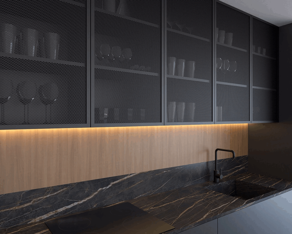 Cánh kính mờ viền nhôm đen phối đèn LED