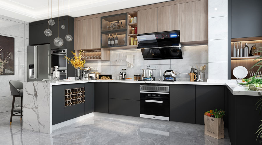 Tủ bếp laminate phối melamine giúp giảm giá thành mà vẫn giữ tính thẩm mỹ