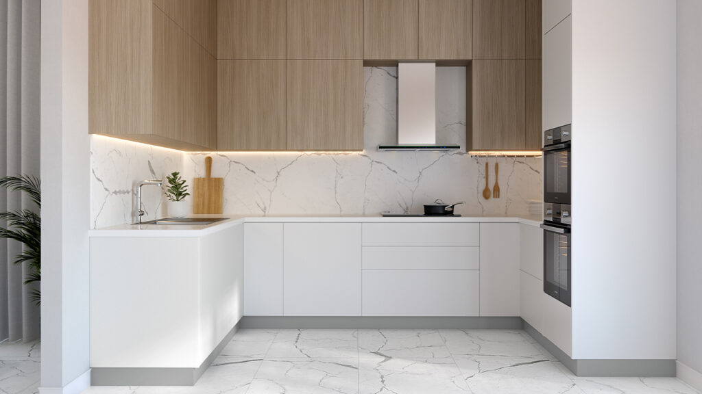 Acrylic phối laminate vân gỗ – kết hợp sáng tối hài hòa, tạo điểm nhấn.