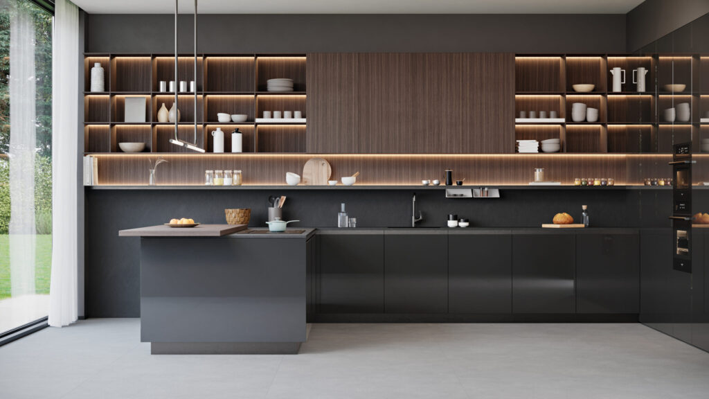 Laminate màu charcoal phối mặt kính xám khói – tạo hiệu ứng mở rộng chiều sâu.