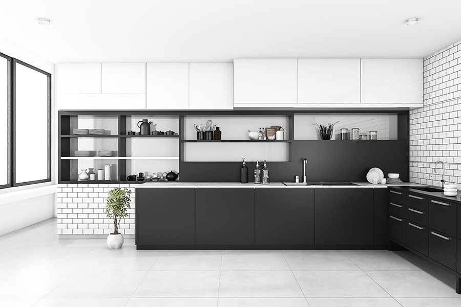 Acrylic bóng gương trắng – đen, không tay nắm – thiết kế tối giản.