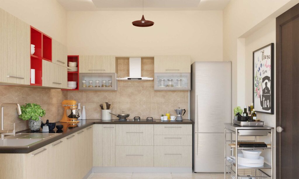 Tủ bếp chữ L đơn giản chất liệu laminate MDF cao cấp