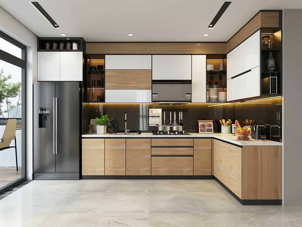 Tủ bếp chữ L dài đơn giản kết hợp hệ tủ mở