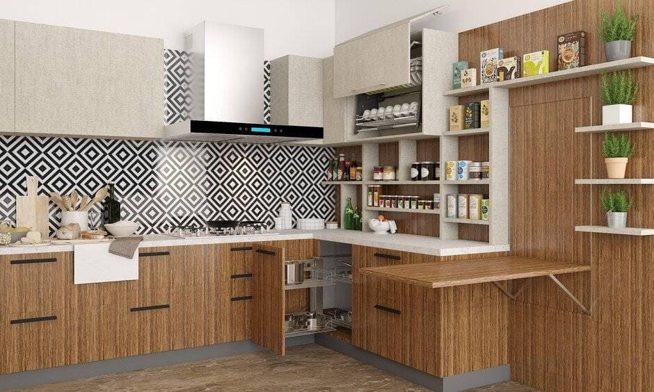 Tủ bếp laminate MDF hiện đại phối màu gỗ – trắng