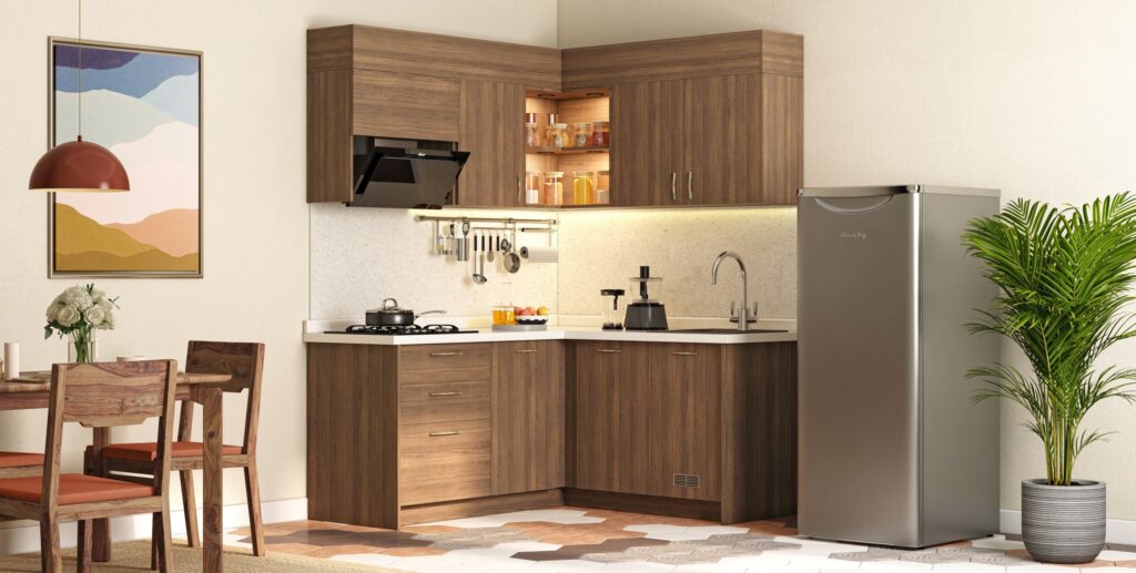 Tủ bếp chữ L gỗ công nghiệp đơn giản tối ưu góc chết nhà phố