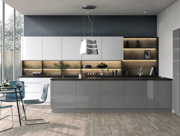 Tủ bếp acrylic bóng gương – không tay nắm
