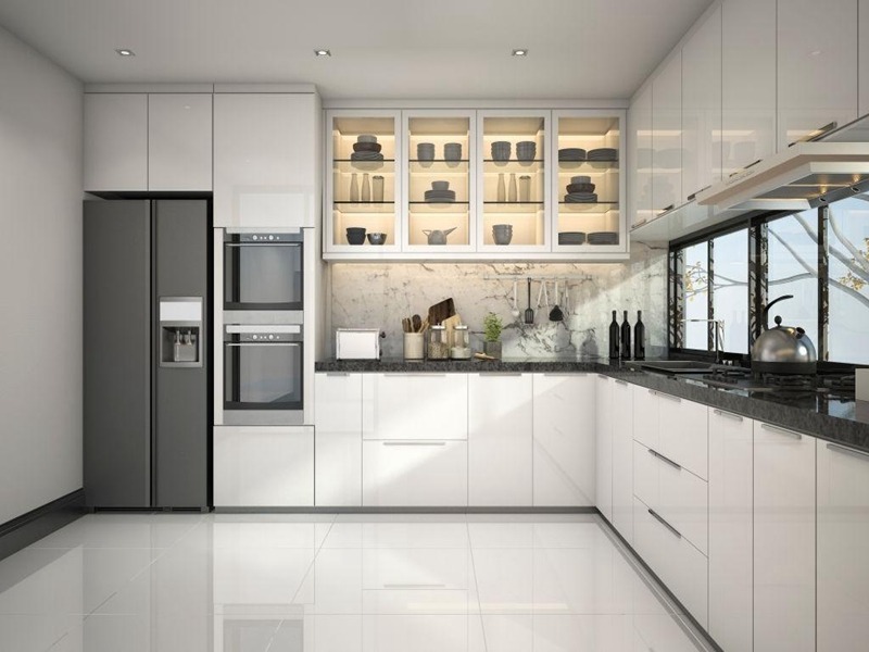 Mẫu tủ bếp acrylic chữ L hiện đại tối giản với tông trắng bóng gương