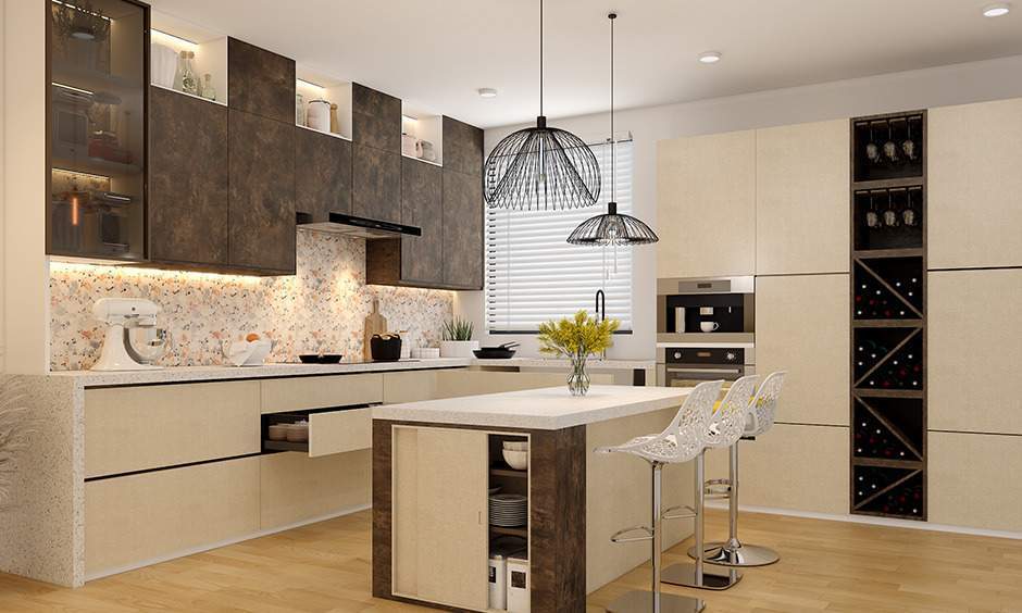 Tủ bếp chữ L sang trọng với ánh sáng LED ẩn