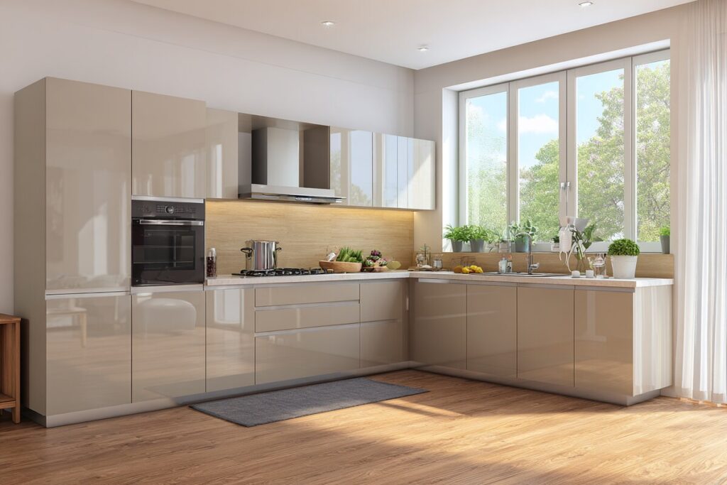 Thiết kế tủ bếp chữ L acrylic phong cách Bắc Âu với gam màu sáng