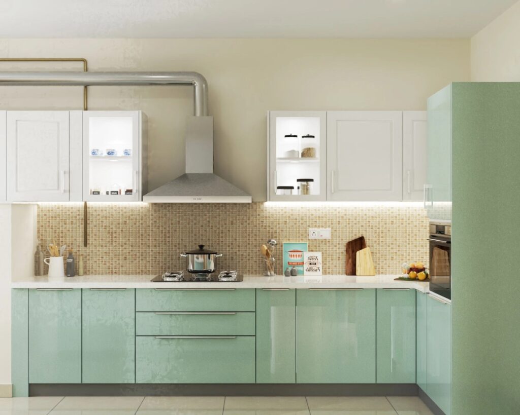 Thiết kế tủ bếp acrylic chữ L màu pastel trẻ trung