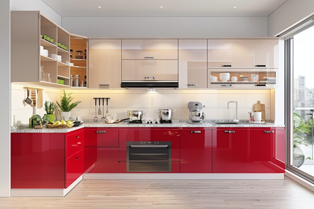 Mẫu tủ bếp acrylic chữ L hiện đại với ánh sáng tự nhiên phản chiếu