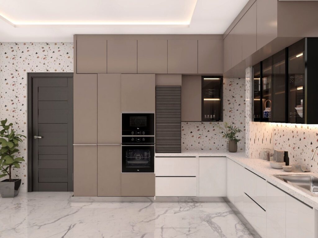 Tủ bếp acrylic chữ L hiện đại với mặt đá quartz