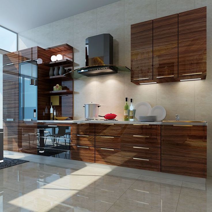 Mẫu tủ bếp acrylic vân gỗ hiện đại