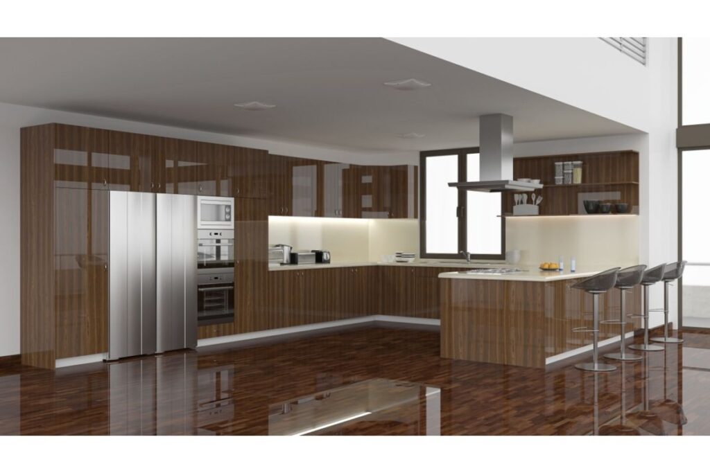 Những mẫu tủ bếp vân gỗ acrylic cao cấp trong biệt thự Việt Nam