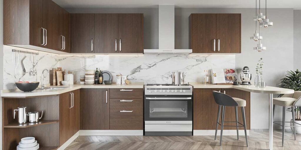 Mẫu tủ bếp laminate vân gỗ chữ L hiện đại