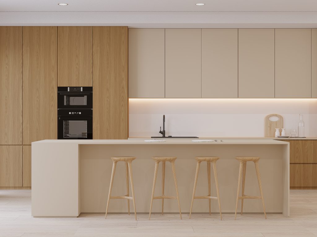 Tủ bếp laminate vân gỗ sang trọng với bề mặt vân gỗ tự nhiên