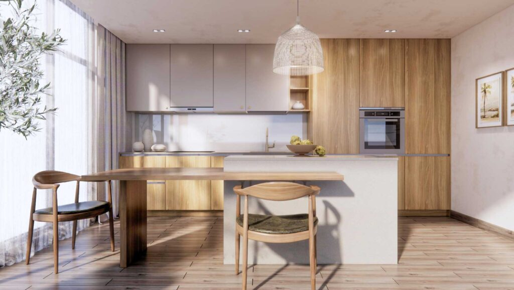 Mẫu tủ bếp laminate vân gỗ cao cấp tích hợp đảo bếp cho biệt thự tại Việt Nam
