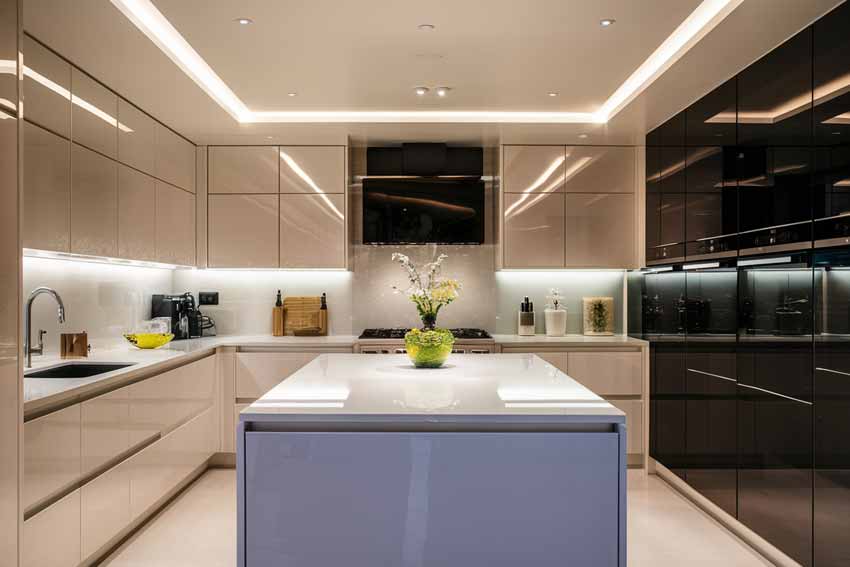 phối màu tủ bếp acrylic bóng gương hiện đại