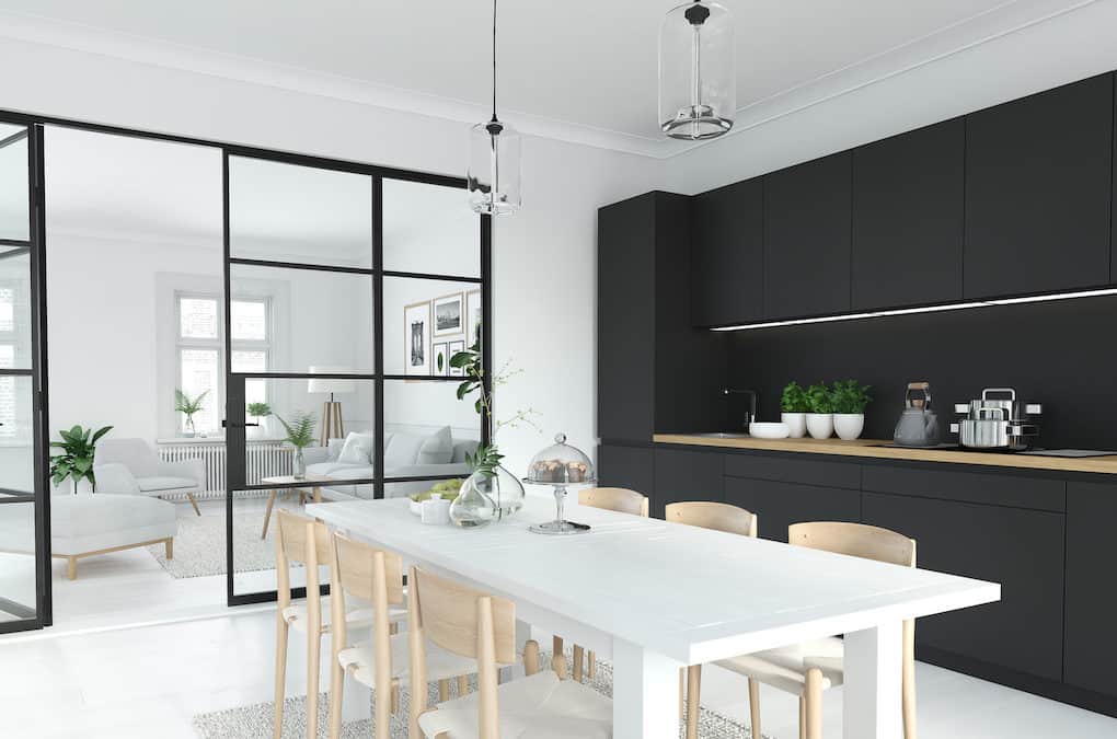 phối màu tủ bếp trắng đen hiện đại