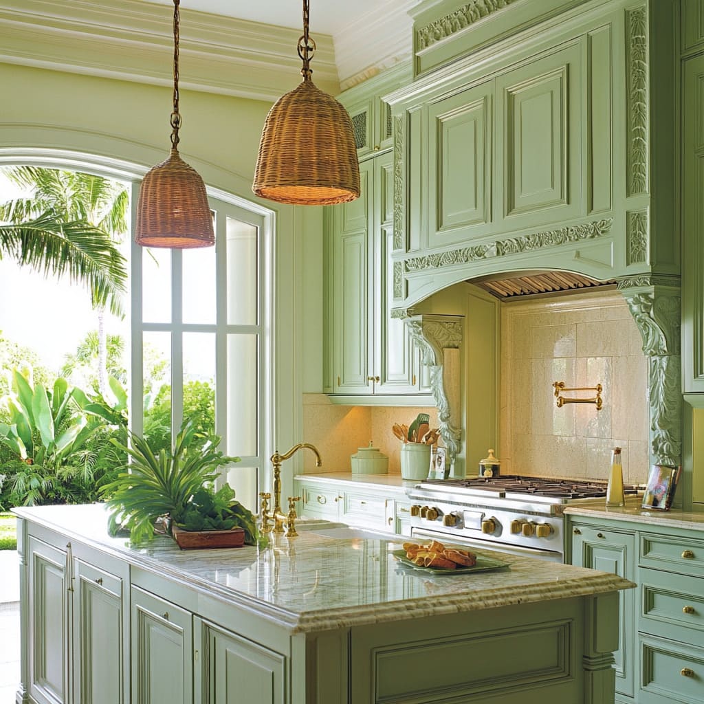 Tủ bếp cổ điển châu Âu với bố cục đối xứng, phào chỉ tinh tế