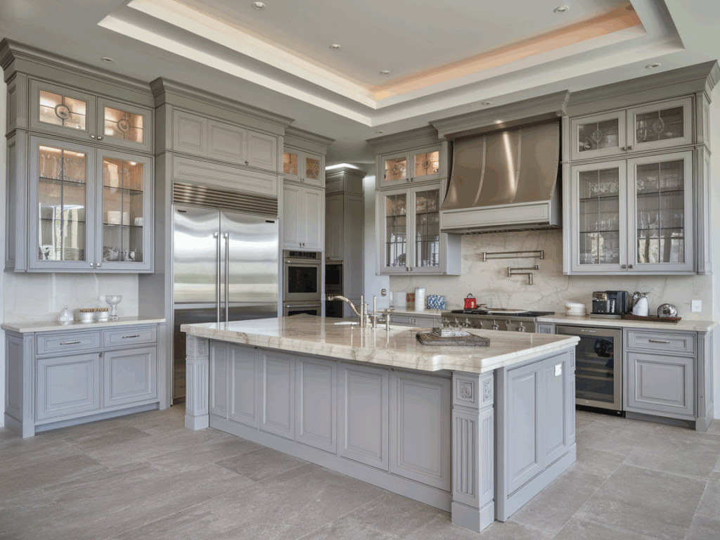 Tủ bếp tân cổ điển đơn giản, sang trọng phù hợp căn hộ cao cấp