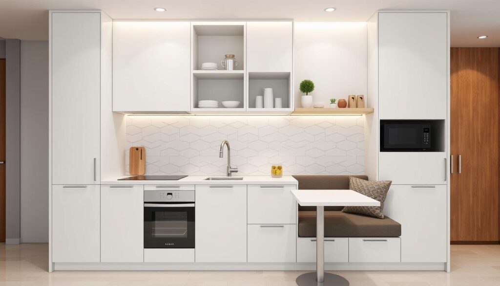 Không gian bếp nhỏ gọn với tủ bếp đa năng tích hợp khu vực nấu và lưu trữ