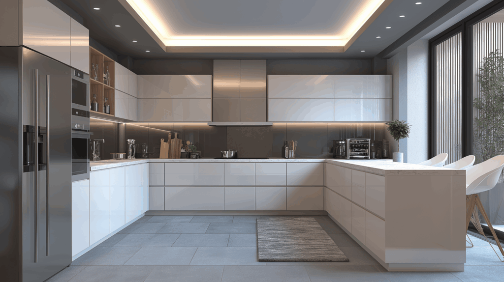 Thiết kế tủ bếp acrylic màu trắng phản sáng, không gian rộng rãi và sang trọng