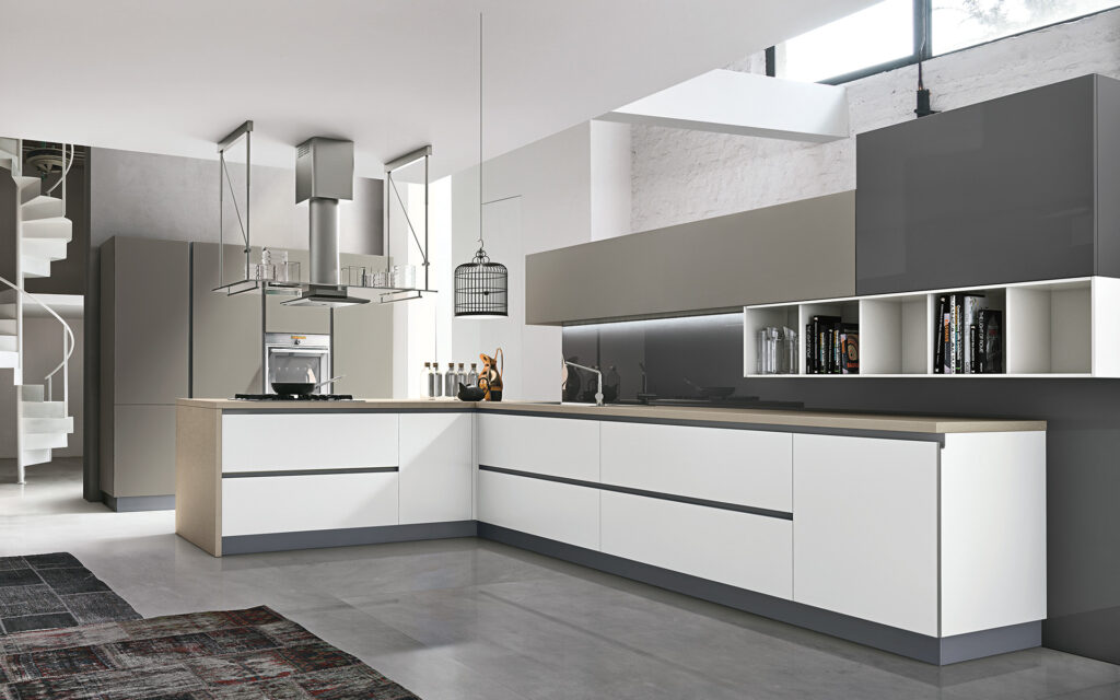 Tủ bếp màu trắng phối xám ghi hiện đại trong căn hộ cao cấp