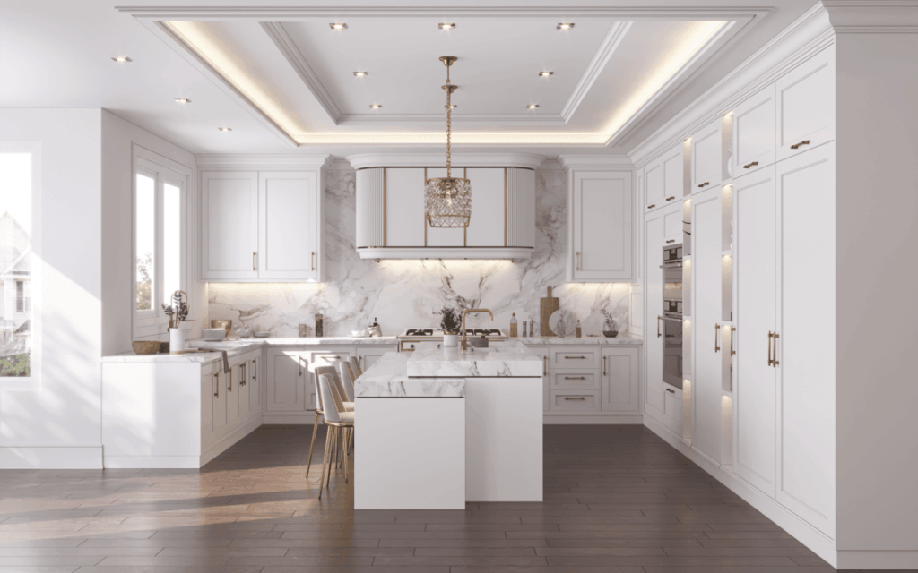 Không gian biệt thự tân cổ điển với tủ bếp màu trắng sang trọng tinh tế