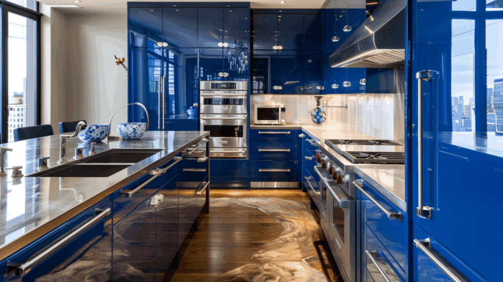 Tủ bếp xanh bóng phản chiếu ánh sáng tự nhiên tinh tế