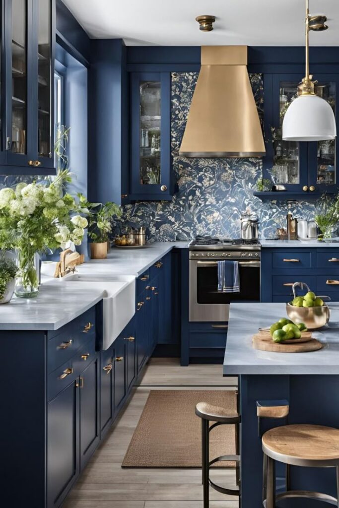 Phòng bếp sang trọng phong cách Modern Luxe với tủ xanh navy