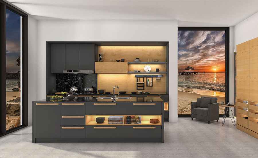 Tủ bếp cao cấp sử dụng vật liệu đạt chuẩn an toàn E1, phù hợp không gian gia đình hiện đại