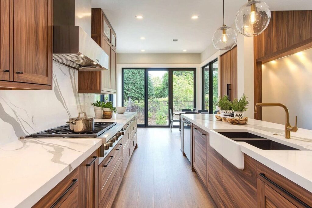 Tủ bếp hiện đại màu óc chó chữ I