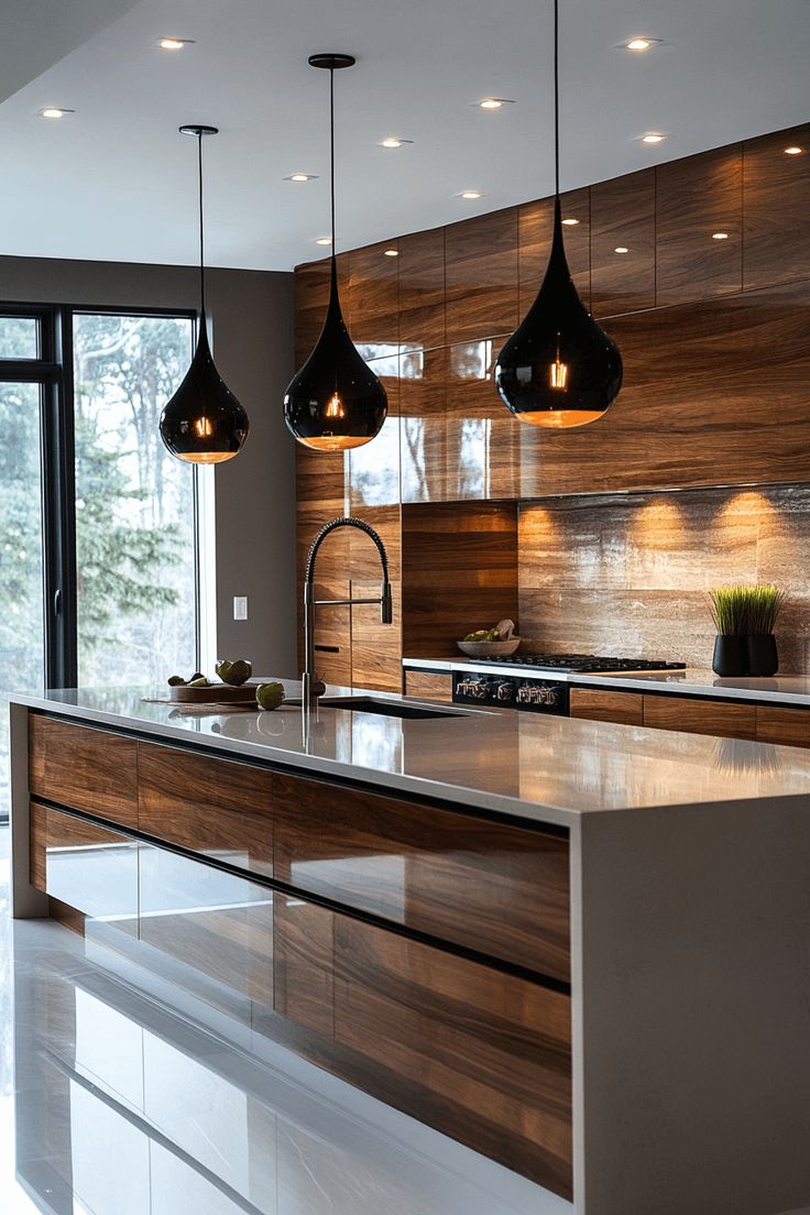 Tủ bếp màu gỗ óc chó acrylic bóng gương phối kính màu sáng