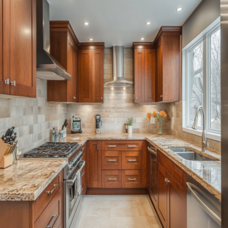 Tủ bếp gỗ óc chó tân cổ điển chữ U