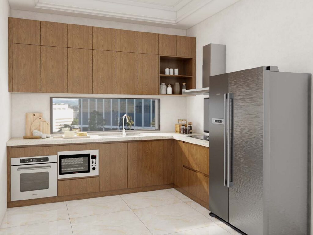 Tủ bếp gỗ công nghiệp với thiết kế hiện đại cho căn hộ chung cư