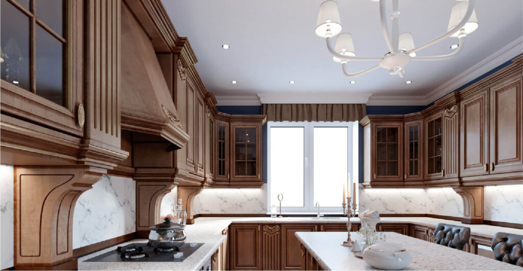 Bề mặt sơn PU và veneer vân gỗ trong tủ bếp cổ điển