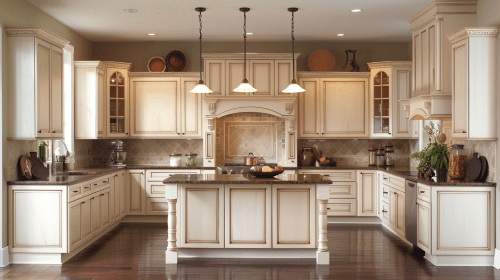 Chi tiết phào chỉ và bố cục chữ U trong tủ bếp cổ điển