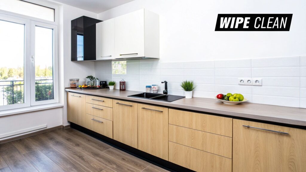 Bề mặt tủ bếp gia đình dễ vệ sinh giúp hạn chế nấm mốc và vi khuẩn